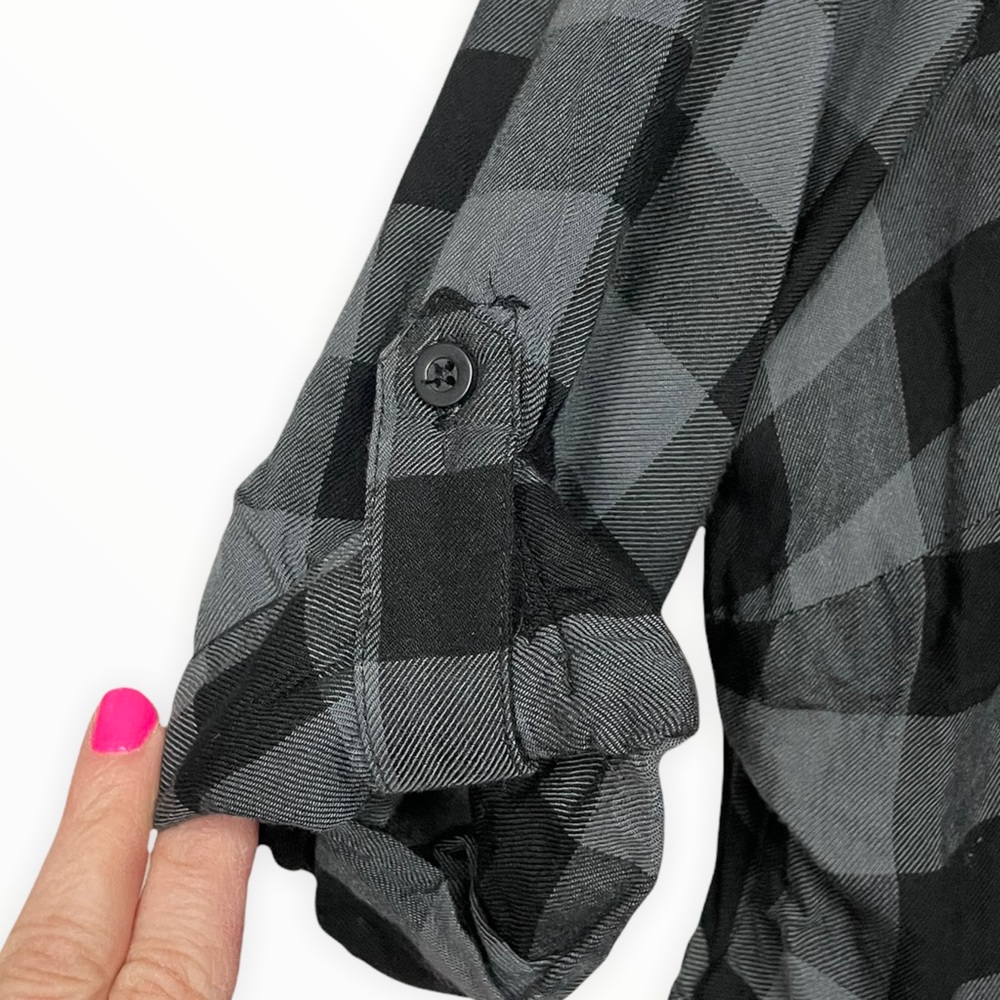 Torrid Black Grey Buffalo Check Button Front Challis Baby Doll Tunic, 2, 2X - Picture 6 of 11